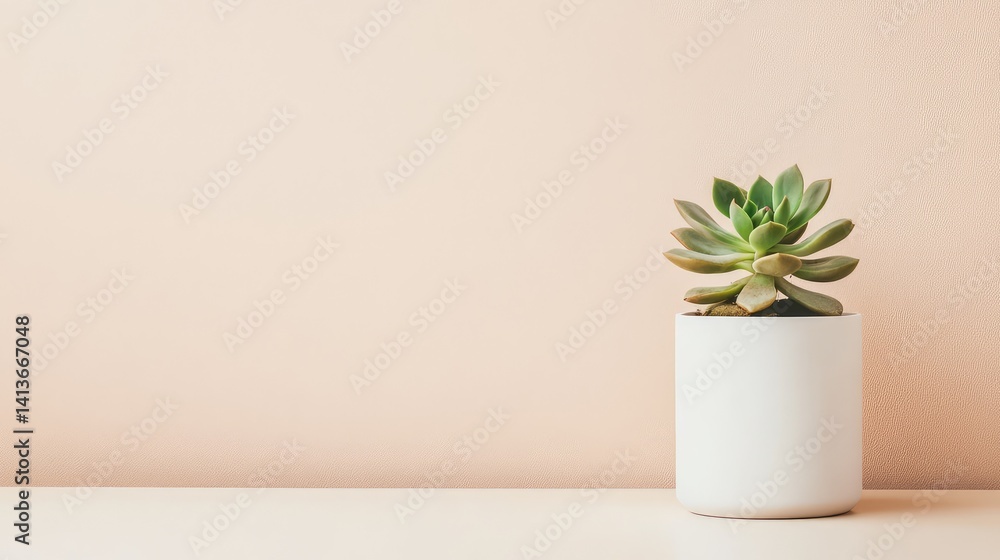 Poster close-up of potted succulent on clean surface with beige wall and empty space for creative text plac