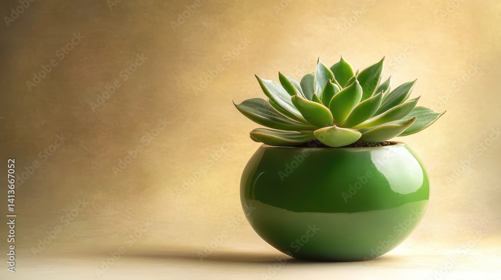 Poster close-up of potted succulent on clean surface with beige wall and empty space for creative text plac