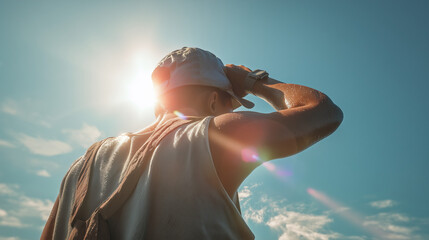 A man in a sun hat shielding his eyes as he looks towards the bright sky, capturing a moment of adventure and outdoor exploration under the summer sun