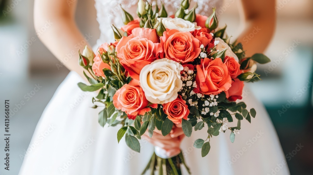 Poster elegant rose bouquet blurred in background with open light space in foreground for design use