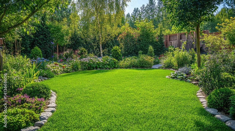 Poster garden with tall trees and plants providing deep shade, with a peaceful atmosphere and an empty spac