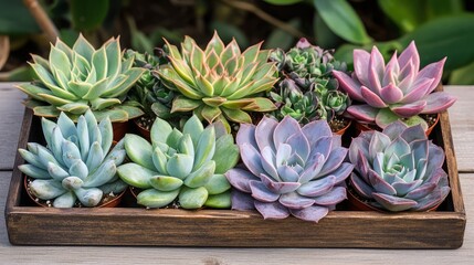 Fototapeta premium Indoor succulent plant collection on wooden tray in sunny home setting with clear background