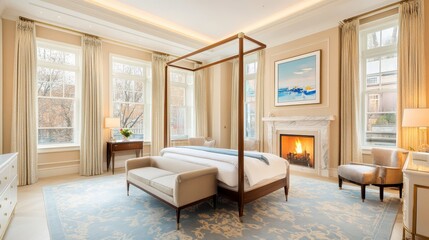 Refined bedroom suite with elegant four-poster bed, marble fireplace, soft silk curtains, and a soothing mix of ivory, taupe, and blue 