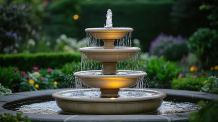 Elegant cascading fountain in a well-maintained garden