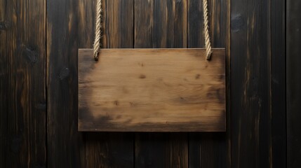 A rustic large wooden sign, light brown with darker brown accents, hangs from a rope on a wall of vertical, weathered, dark brown wooden planks