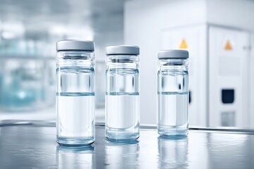 Three glass vials of clear liquid against a clinical laboratory background pharmaceutical industry essential solution for medical research treatment
