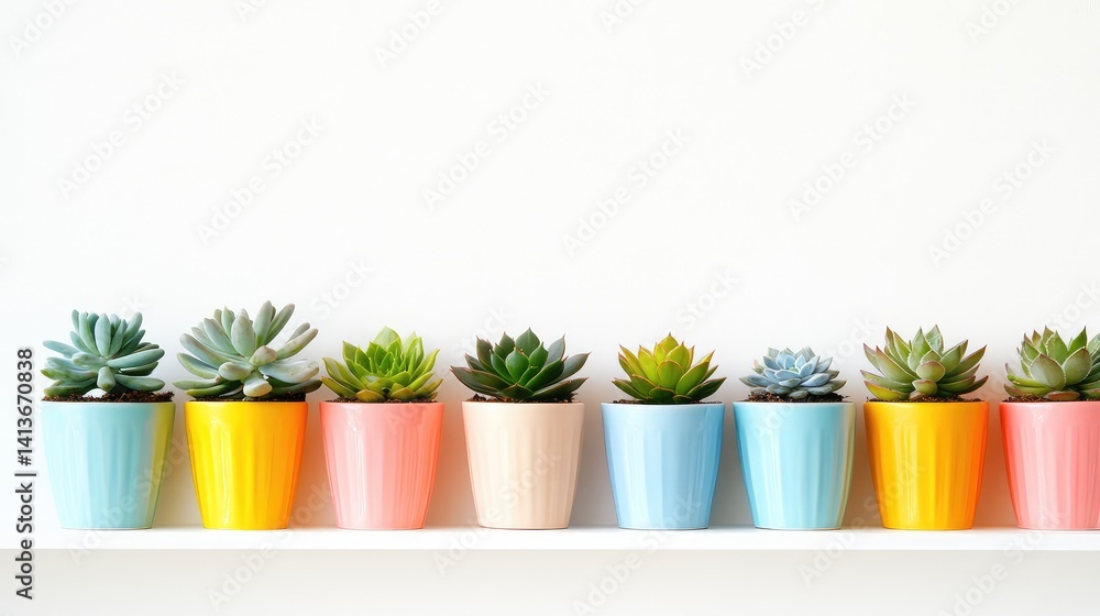 Poster set of small colorful pots with succulents arranged in row on bright shelf, background with clean co