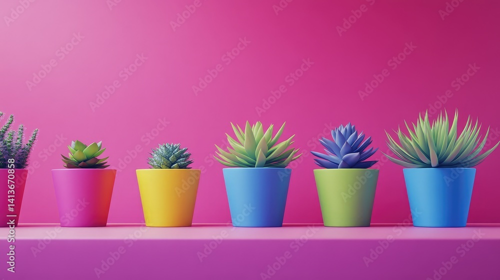 Poster set of small colorful pots with succulents arranged in row on bright shelf, background with clean co