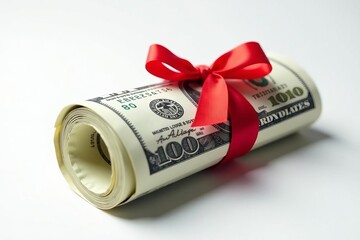 Close-up of rolled money bundle tied with red bow on white background, finance, wealth
