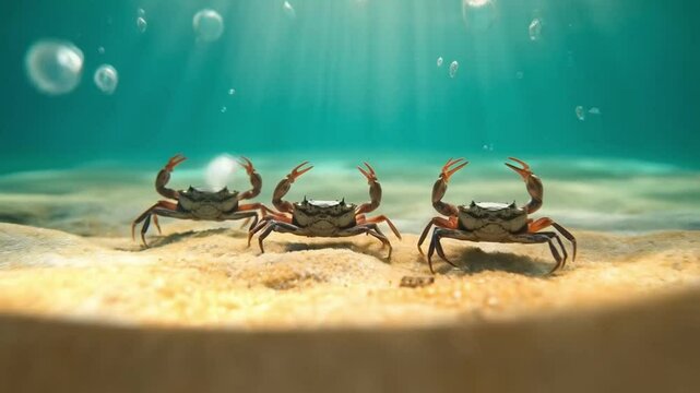 A group of crabs scuttled beneath the ocean waves, thriving amidst corals and shimmering sands.