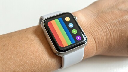 Mental Health Wellness Technology concept Smartwatch with colorful interface displayed on a wrist, showcasing modern technology and design.