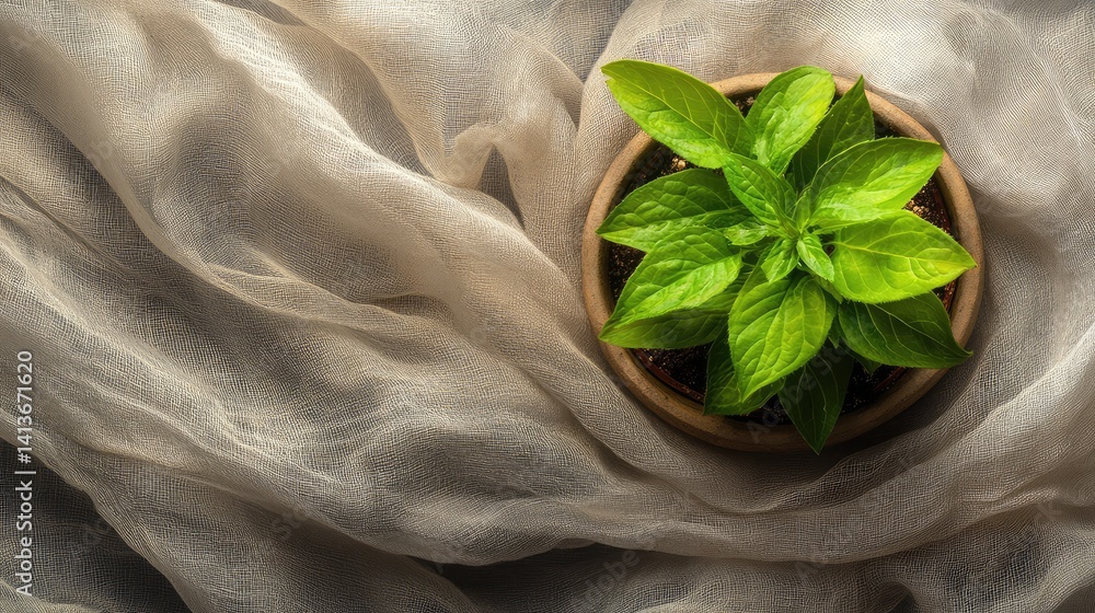 Poster top view of green plant in pot on neutral fabric with copy space for editorial or branding use