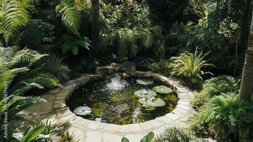 Poster tranquil shaded garden area with flowing greenery and soft rays of light, perfect for a peaceful and