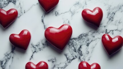 Fototapeta premium Top view of small heart-shaped objects arranged on marble surface with spacious empty middle