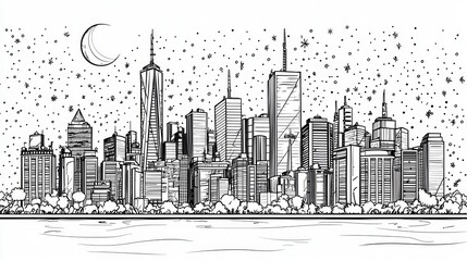 Fototapeta premium Skyline Illustration of Urban City with Stars and Moon at Night