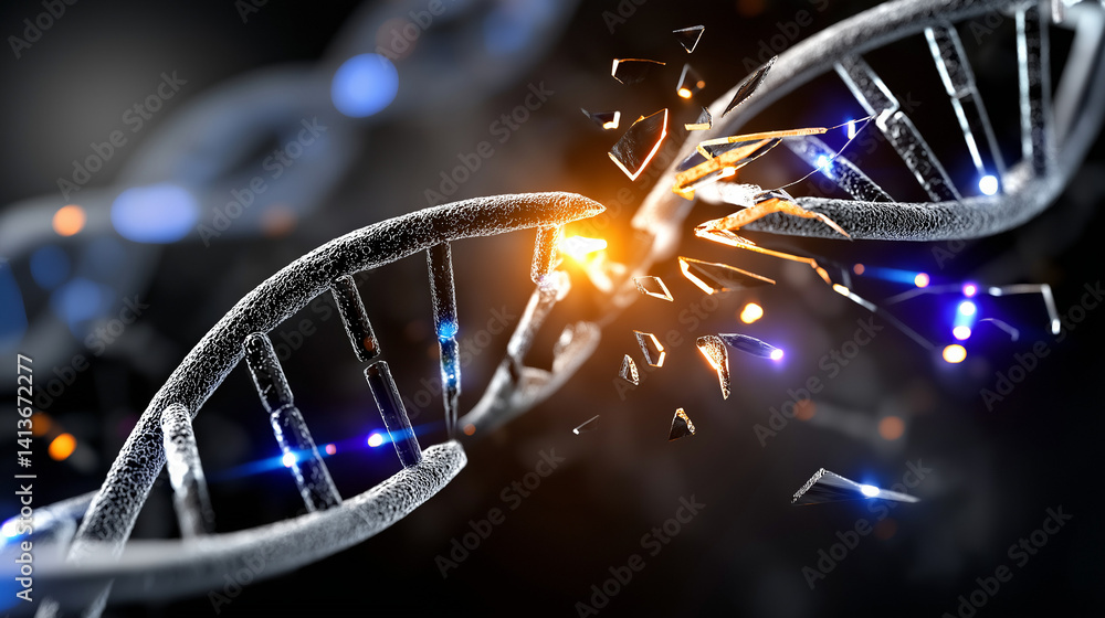 Poster genetic fragmentation: a striking visual representation of a dna strand undergoing a process of frag