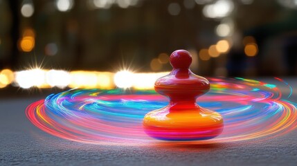 Colorful spinning top creates vibrant light trails on smooth surface