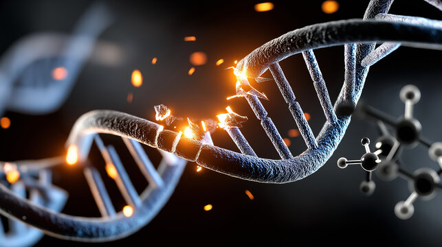 Shattered DNA Strand: A dramatic close-up of a DNA double helix breaking apart, sparks flying from the fracture, symbolizing genetic damage or mutation.