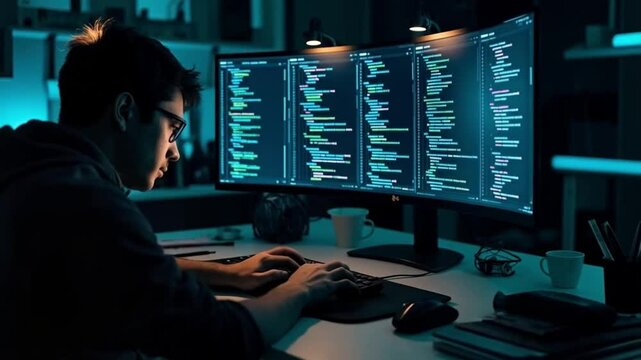 The focused man, coding tirelessly, uncovered vulnerabilities, hacking systems, driven by curiosity and technical brilliance.