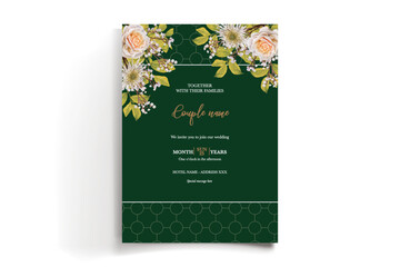 WEDDING INVITATION FRAME WITH FLOWER DECORATIONS AND FRESH LEAVES