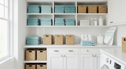 Organized laundry room featuring neatly folded towels and woven baskets.