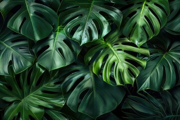 High Detail Image of Tropical Leaves Background Dark Green Monstera Leaves Texture