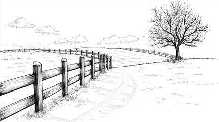 Serene Landscape with Fencing and Tree in Black and White Art Style