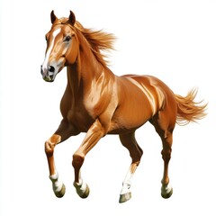 Fototapeta premium Powerful chestnut horse running dynamically on white background high resolution image