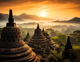Borobudur Temple in Indonesia during sunrise. Include iconic stupas, a serene Buddha statue in the foreground, and a backdrop of misty hills and ancient architecture