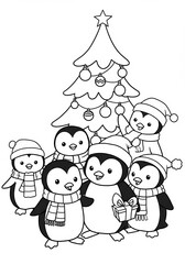 Fototapeta premium Cute Penguins Celebrate Christmas Near Decorated Tree