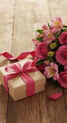 Obraz premium Gift Box with Ribbon and Flowers on Table – Mother's Day Present Scene