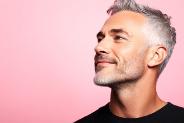 Obraz premium Conceptual art of style for aging men. Fashionable men's short caesar haircut - midlife white man with grey hair. Pink solid background. A relaxed and poised man showing grace.