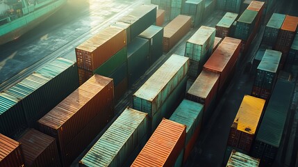 International maritime logistics hub with cargo containers and transport ships at industrial port during unloading