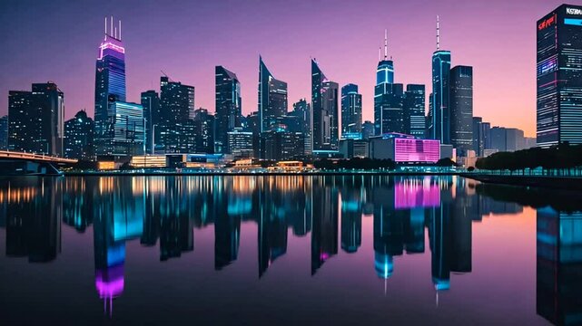 Futuristic skyline reflecting neon lights on calm water