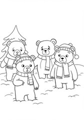 Four Cute Cartoon Bears in Winter Wonderland