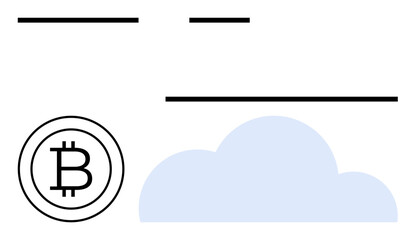 Bitcoin logo beside abstract cloud hints at digital transactions. Ideal for blockchain, fintech, cryptocurrency, cloud computing, digital security, decentralized systems, flat simple metaphor