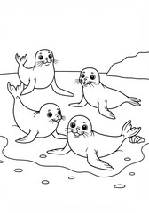 Obraz premium Four Playful Seals on a Beach: A Black and White Illustration