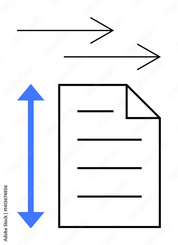 Poster document icon with horizontal arrows above indicating movement, blue vertical arrow on the left symb