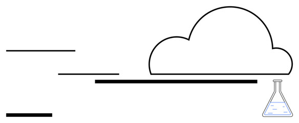 Cloud outline with horizontal lines suggesting connectivity and speed alongside a laboratory flask. Ideal for technology, data storage, innovation, science, experimentation, education, simple landing