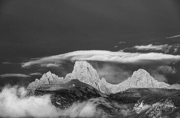 USA, Wyoming. Black and white of stratus clouds forming over Teton Range seen from the west.
