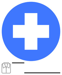 White cross inside a blue circle, minimal shirt outline, and black horizontal bars. Ideal for healthcare, emergency, assistance, medicine, hygiene uniforms and simplicity. Flat simple metaphor