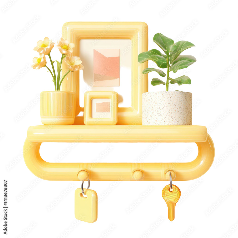 Poster 3d rendered yellow shelf with plants picture frame and keychains transparent background