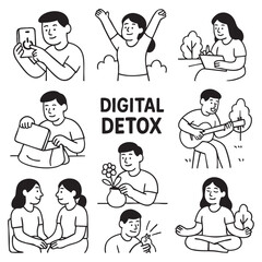 Digital detox illustrations showcase various activities promoting mindfulness and connection. Engaging in nature, creativity, and personal interactions fosters well being and reduces screen time