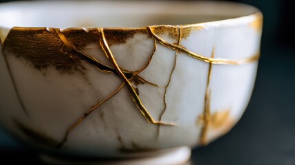 An artful Kintsugi bowl, showcasing a traditional Japanese restoration technique using gold