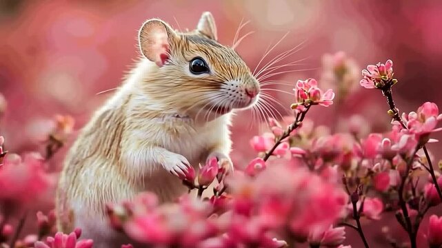 Adorable gerbil amidst vibrant pink blossoms in soft focus