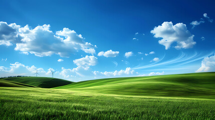 Obraz premium Vast green meadow under a bright blue sky with clouds, symbolizing nature and clean environment.