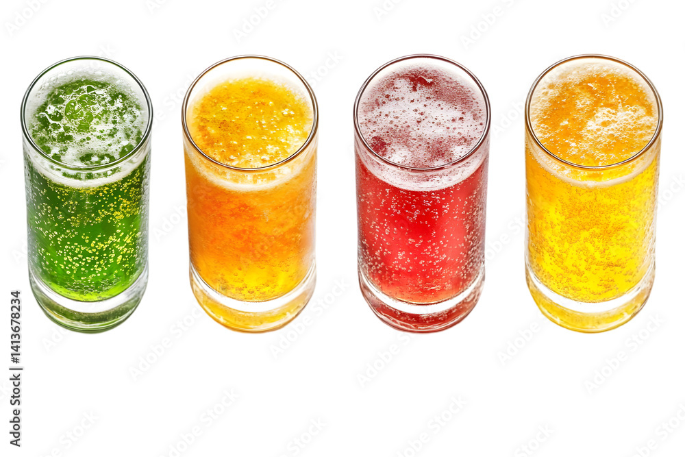Poster isometric view of four colorful refreshing drinks with bubbles on transparent background