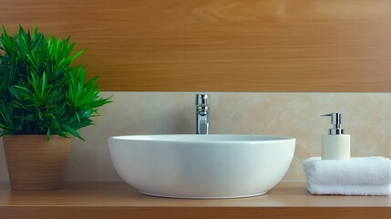 Fototapeta premium Minimalist bathroom scene with a white bowl sink, green plant, and neutral colors
