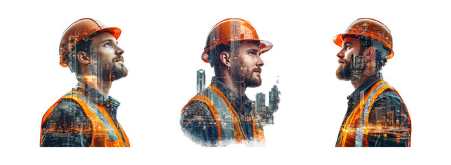 Portrait of Thoughtful Construction Worker with Cityscape Overlay