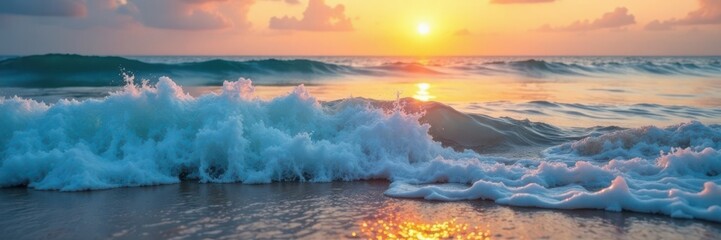 Fototapeta premium Soft blue ocean wave gently crashes on the sandy beach at sunset , wave, landscape